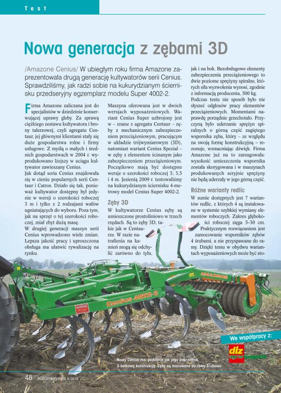 Test AGROmechanica 9-2010 Amazone Cenius - nowa generacja z zebami 3D