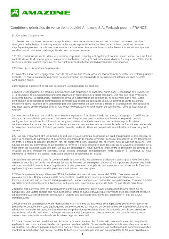 Conditions générales de vente de la société Amazone S.A. Forbach pour la FRANCE 2015