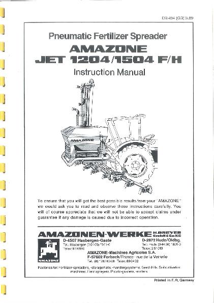 Operation manual Pneumatic Fertilizer Spreader JET1204/1504F/H (03/89)