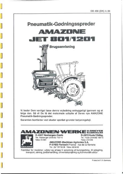 Brugsanvisning Pneumatik-Godningsspreader AMAZONE JET801/1201