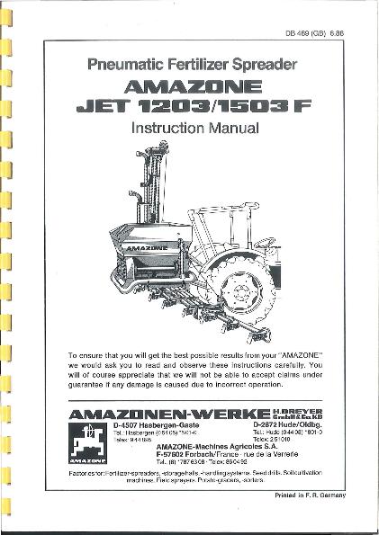 Operation manual Pneumatic Fertilizer Spreader JET1203/1503F (06/88)