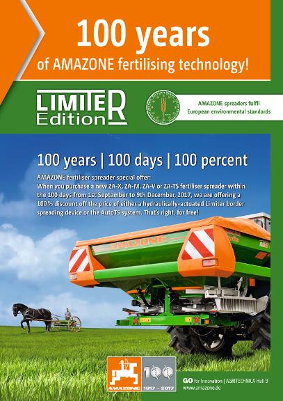 Flyer 100 years of AMAZONE fertilising technology – Limited Edition (Streuscheibenpaar oder Schaufelsatz)