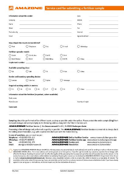 Service-Card for a fertilizer sample