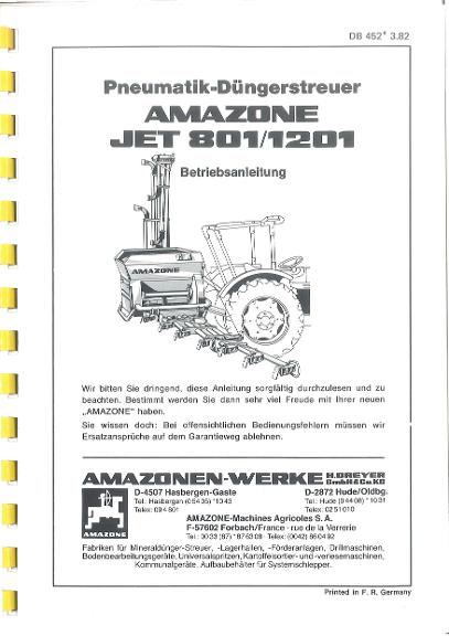 Betriebsanleitung, Pneumatischer-Düngerstreuer JET 801/1201 (03/82)
