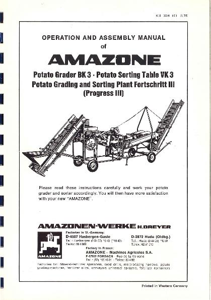 Operation manual Potato Grader BK 3 · Potato Sorting Table VK 3 (08/75) 