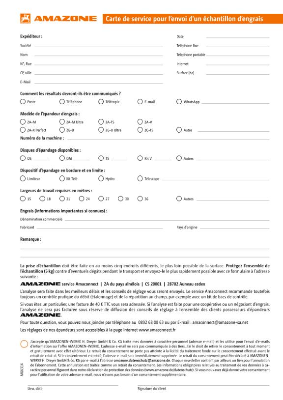 Carte de service pour l'envoi d'un échantillon d'engrais