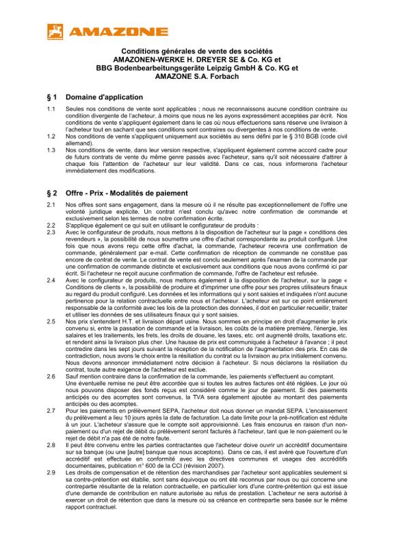 Conditions générales de vente des sociétés AMAZONEN-WERKE H. DREYER SE & Co. KG 2015