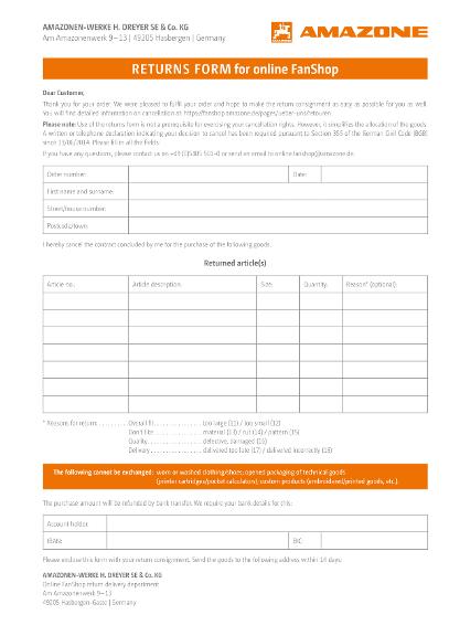 RETURNS FORM for online FanShop