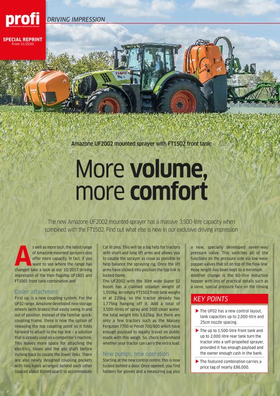 Amazone UF2002 mounted sprayer with FT1502 front tank -profi reprint 11/2020