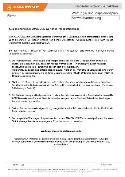 Wartungsplan für AMAZONE Vorrichtungen und Werkzeuge