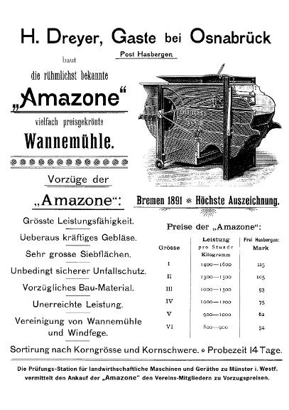 Prospekt AMAZONE Wannemühle 1891 - Erstes AMAZONE-Prospekt