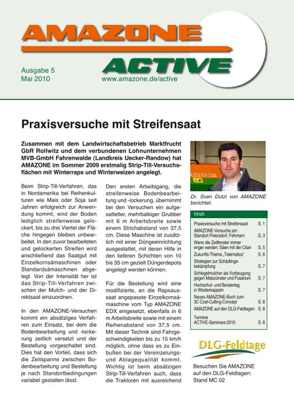 Prospekt AMAZONE ACTIVE "Praxisversuche mit Streifensaat" Ausgabe 5, 2010