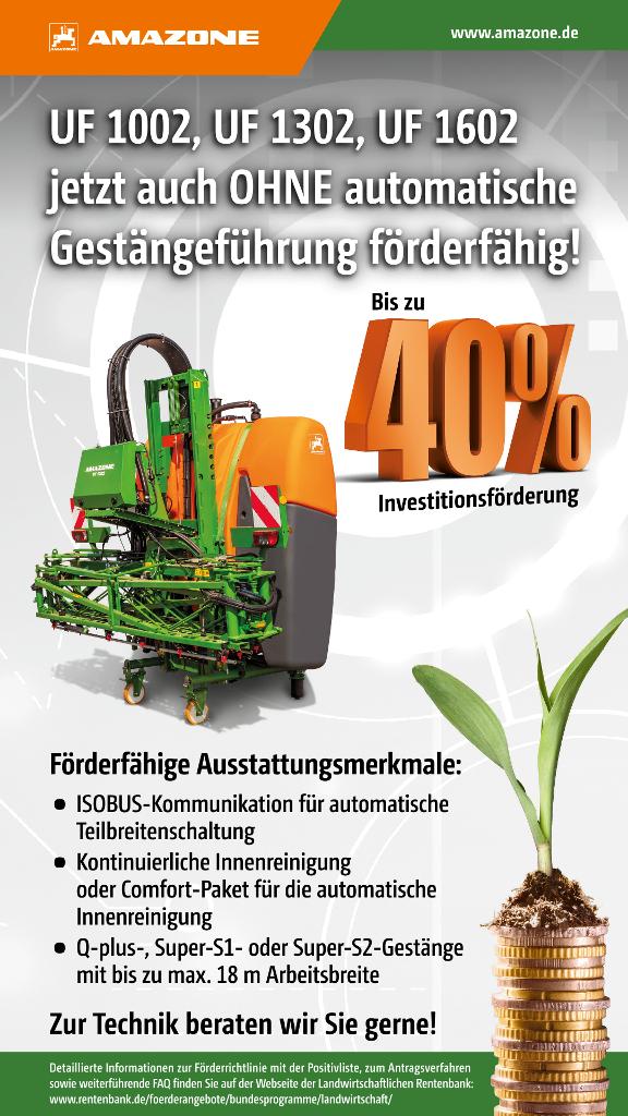 Anzeige „UF 1002, UF 1302, UF 1602 jetzt auch OHNE automatische Gestängeführung förderfähig!", 1080x1920 pix, rgb