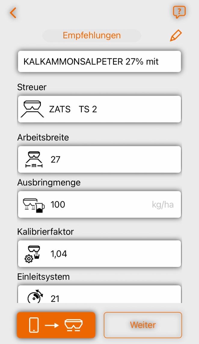 mySpreader Einstellempfehlungen per Bluetooth DE