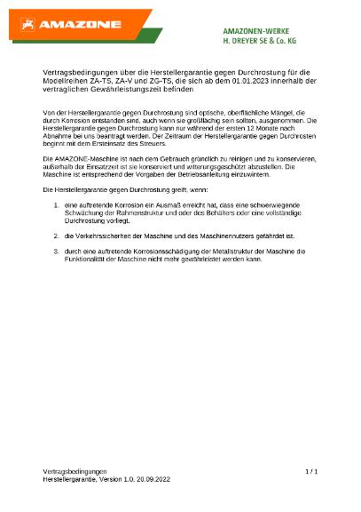 Vertragsbedingungen zur Herstellergarantie gegen Durchrostung für ZA-TS, ZA-V und ZG-TS