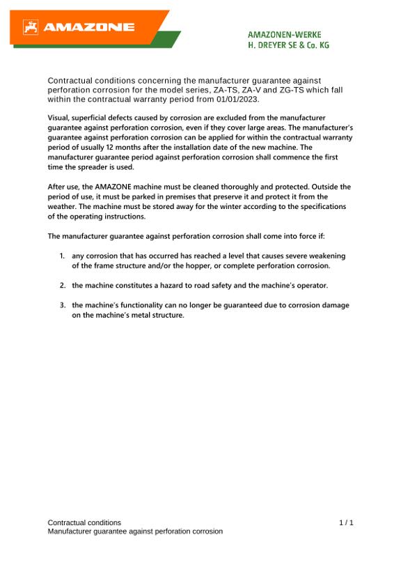 Contractual conditions concerning manufacturer guarantee against perforation ZA-TS, ZA-V and ZG-TS