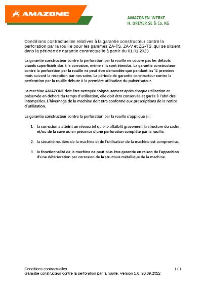 Conditions contractuelles relatives à la garantie constructeur contre la perforation par la rouille pour les gammes ZA-TS, ZA-V et ZG-TS