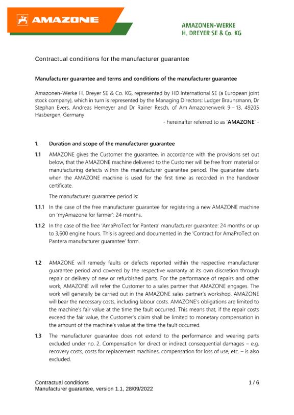 Contractual conditions for the manufacturer guarantee
