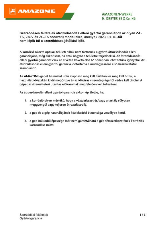 Szerződéses feltételek átrozsdásodás elleni gyártói garanciához az olyan ZA-TS, ZA-V és ZG-TS