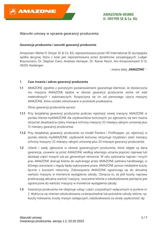 Warunki umowy w sprawie gwarancji producenta