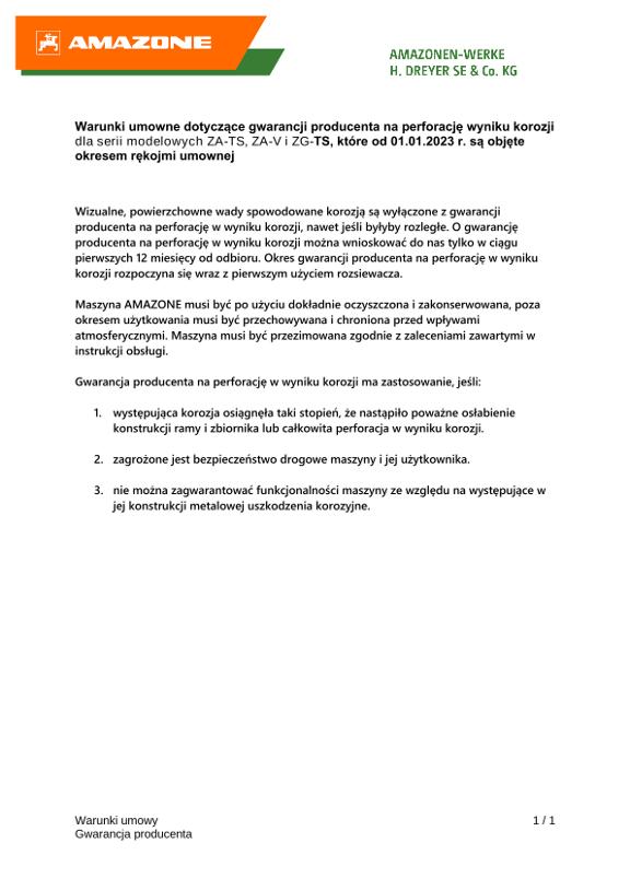 Warunki umowne dotyczące gwarancji producenta na perforację wyniku korozji dla serii modelowych ZA-TS ZA-V ZG-TS