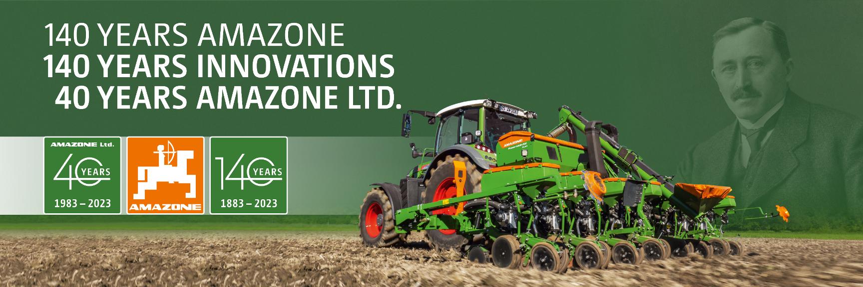 Banner "140 YEARS OF AMAZONE – 140 YEARS OF INNOVATION – 40 YEARS AMAZONE LTD.", 3000 x 1000 mm