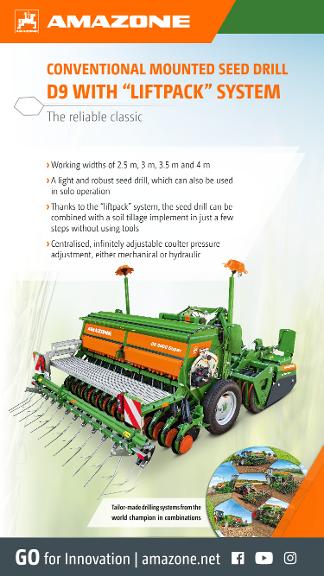 WhatsApp Advertisement „CONVENTIONAL MOUNTED SEED DRILL D9 WITH “LIFTPACK” SYSTEM – The reliable classic“, 1080x1920 pix, rgb, en
