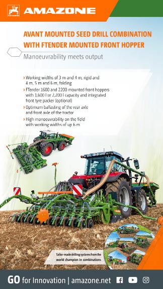 WhatsApp Advertisement „AVANT MOUNTED SEED DRILL COMBINATION WITH FTENDER MOUNTED FRONT HOPPER – Manoeuvrability meets output“, 1080x1920 pix, rgb, en