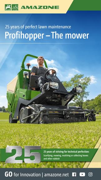 WhatsApp Advertisement „25 years of perfect lawn maintenance – Profihopper – The mower“, 1080x1920pix, rgb, en