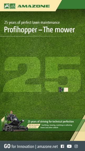 WhatsApp Advertisement „25 years of perfect lawn maintenance – Profihopper – The mower“, 1080x1920pix, rgb, en
