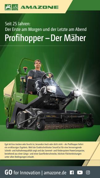 WhatsApp-Anzeige „Seit 25 Jahren: Der Erste am Morgen und der Letzte am Abend – Profihopper – Der Mäher“, 1080x1920pix, rgb