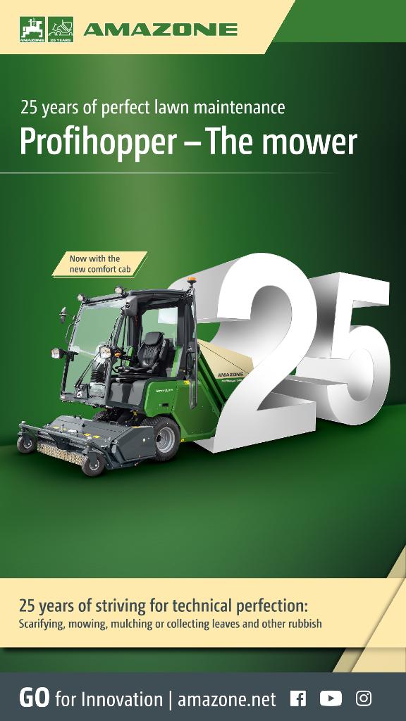 WhatsApp Advertisement „25 years of perfect lawn maintenance – Profihopper – The mower“, 1080x1920pix, rgb, en