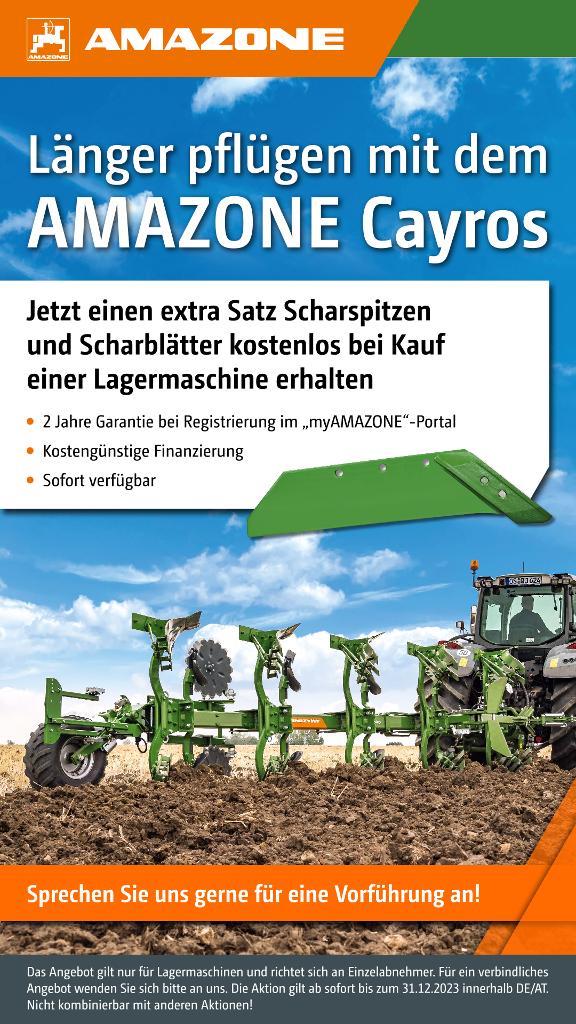 WhatsApp-Anzeige „Länger pflügen mit dem AMAZONE Cayros”, 1080x1920pix, rgb
