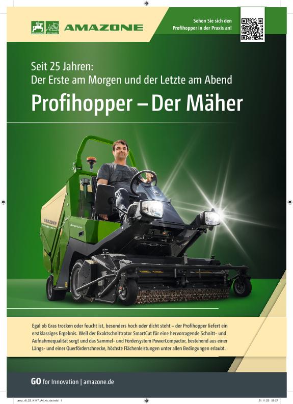 Anzeige „Seit 25 Jahren: Der Erste am Morgen und der Letzte am Abend – Profihopper – Der Mäher“, A4, 4c, de