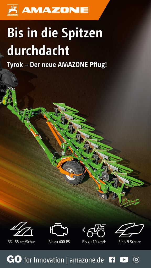 WhatsApp-Anzeige „Bis in die Spitzen durchdacht – Tyrok – Der neue AMAZONE Pflug!“, 1080x1920 pix, rgb, de