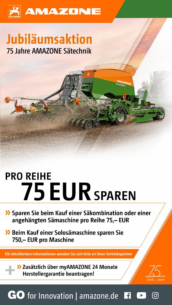 WhatsApp-Anzeige „Jubiläumsaktion 75 Jahre AMAZONE Sätechnik“, 1080x1920 pix, rgb, de