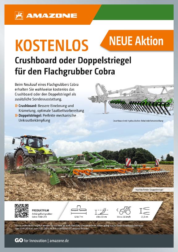Kundenstopper „Neue Aktion: Kostenlos – Crushboard oder Doppelstriegel für den Flachgrubber Cobra“, 594 x 841 mm
