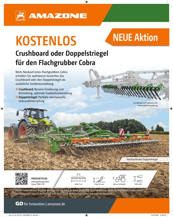 Anzeige Kostenlos Crushboard oder Doppelstriegel  für den Flachgrubber Cobra, 220 x 280, 4c