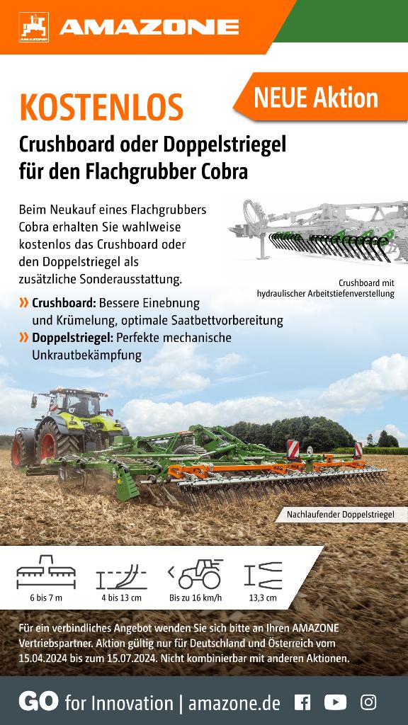 WhatsApp-Anzeige „Kostenlos – Crushboard oder Doppelstriegel für den Flachgrubber Cobra“, 1080x1920 pix, rgb