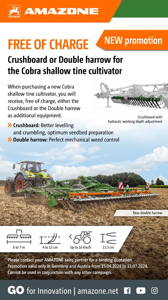 WhatsApp Advertisement „FREE OF CHARGE – Crushboard or Double harrow for the Cobra shallow tine cultivator“, 1080x1920 pix, rgb