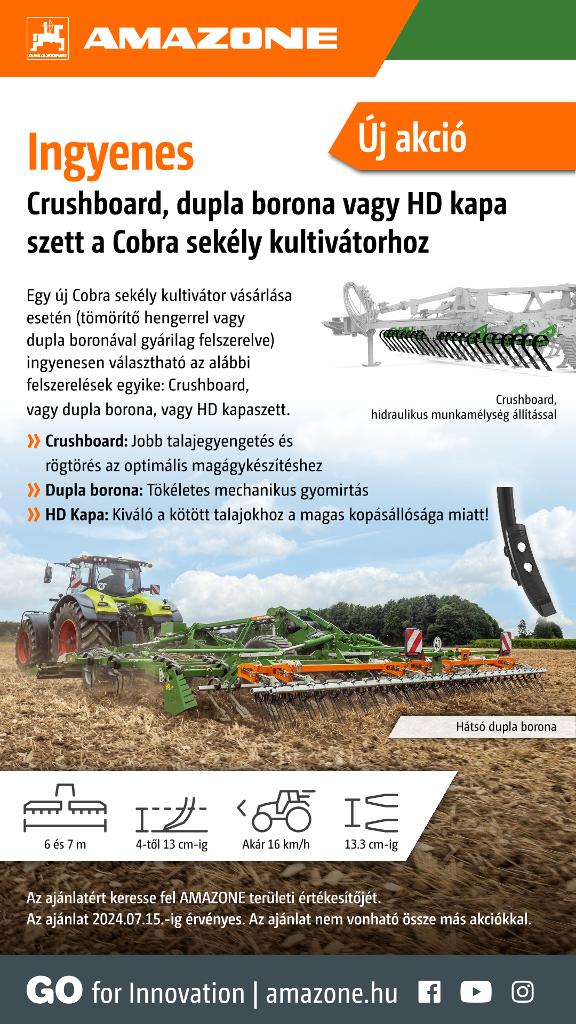 WhatsApp-Anzeige „Ingyenes – Crushboard, dupla borona vagy HD kapa szett a Cobra sekély kultivátorhoz“, 1080x1920 pix, rgb