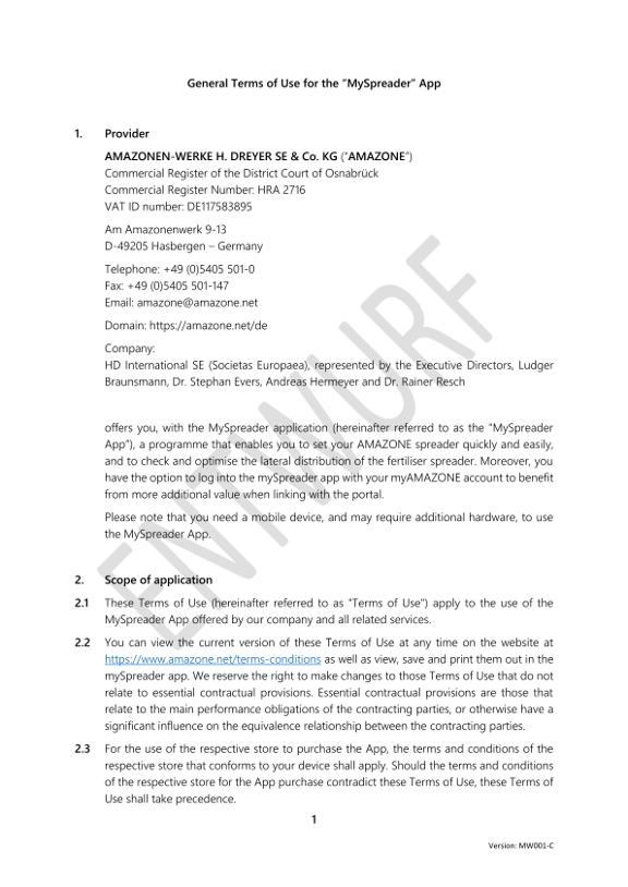 Terms of Use mySpreader APP