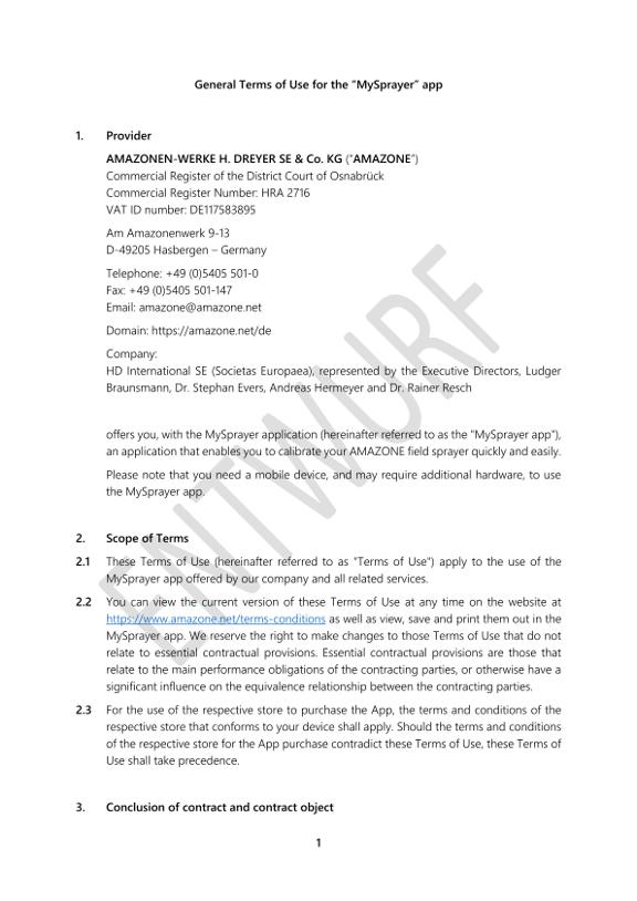 Terms of Use mySprayer APP