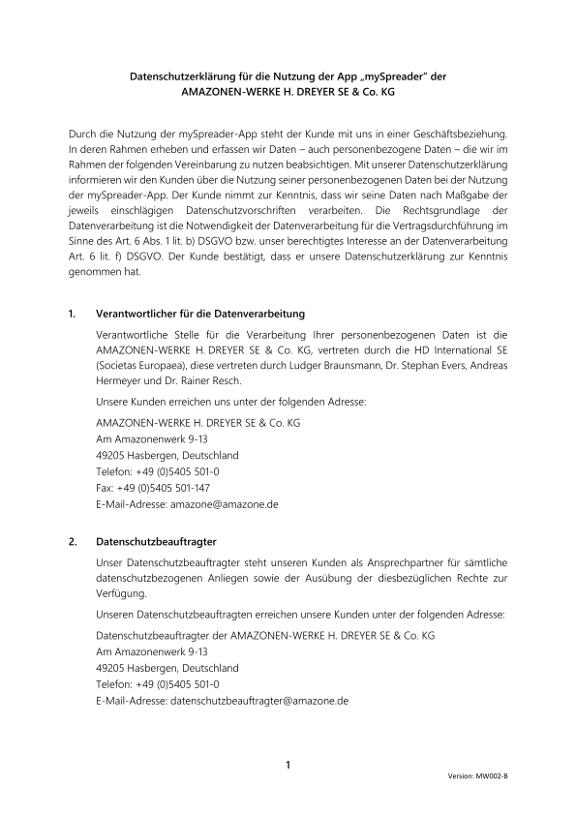 Datenschutzerklärung mySpreader APP