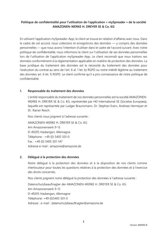 Protection des données mySpreader APP