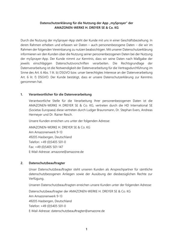 Datenschutzerklärung mySprayer APP