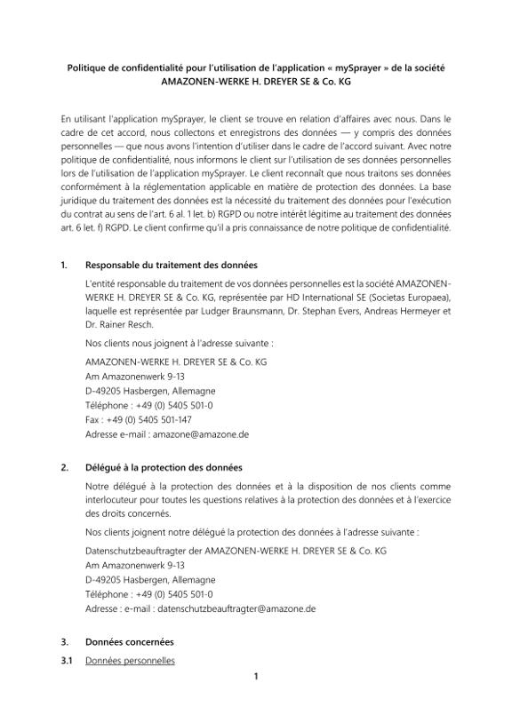 Protection des données mySprayer APP