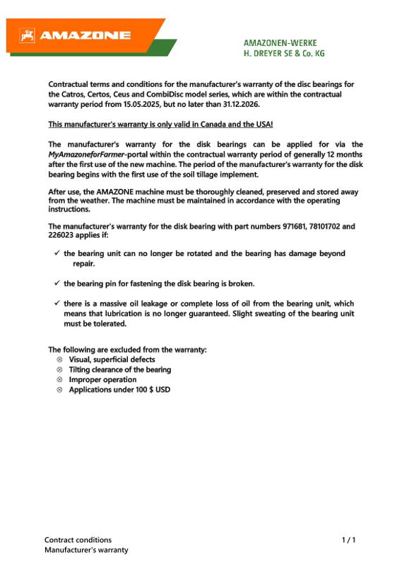 terms&conditions for 2+2 disc bearing warranty