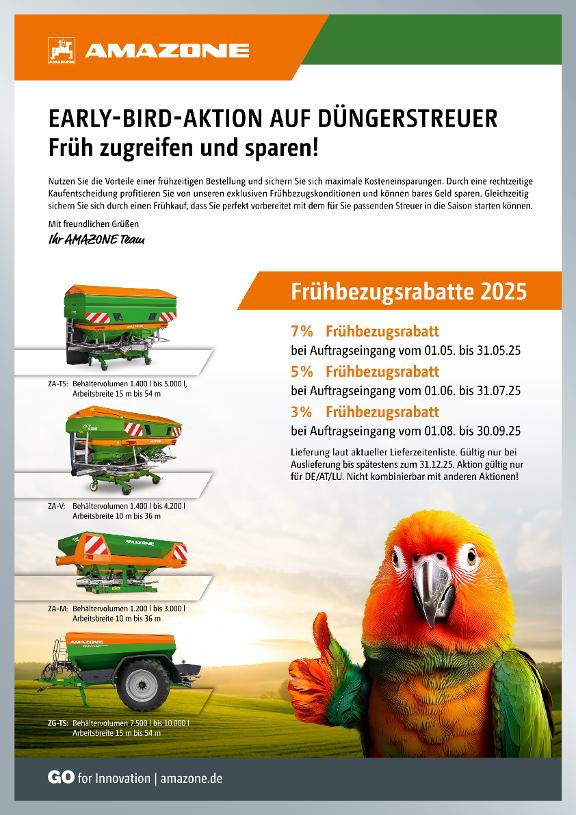 Kundenstopper Early-Bird-Aktion "Unser innovativstes Streuerprogramm aller Zeiten!"