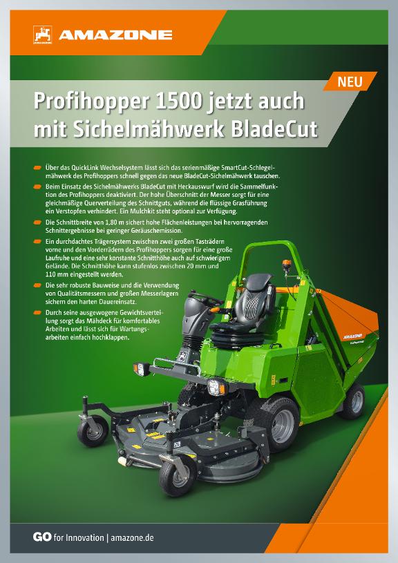 Kundenstopper „Profihopper 1500 jetzt auch mit Sichelmähwerk BladeCut“, 594 x 841 mm
